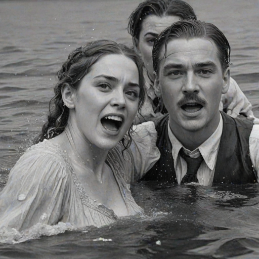 A hyperdetailed photorealistic black and white pencil sketch recreating the iconic scene at the end of Titanic with Jack and Rose floating in the water, only show them making exaggerated funny faces at the camera. Show Rose spitting water at the camera.