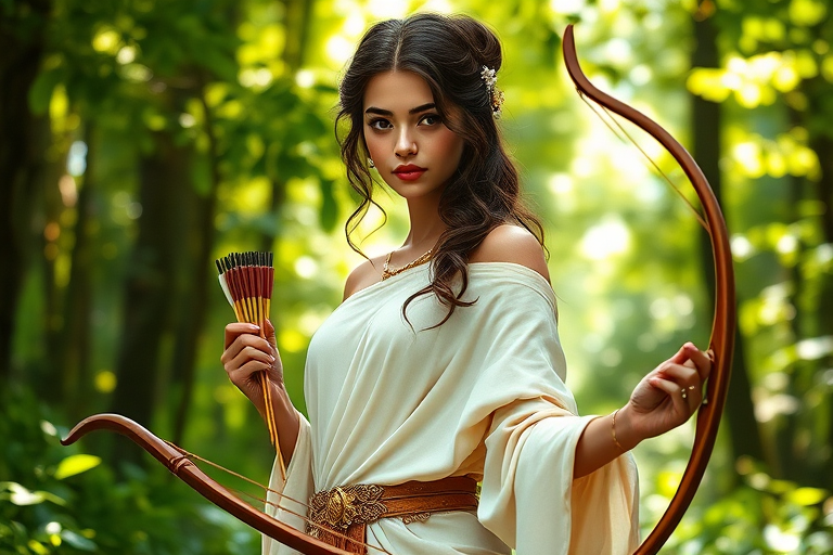 Create a portrait of a goddess-like Hispanic girl figure in a tranquil, forested environment. She has an elegant appearance with long, wavy hair styled in an updo and adorned with a delicate, floral headband. She wears a flowing, ancient Greek-inspired gown in a soft, pale color, featuring a one-shoulder design and draped fabric that accentuates her graceful form. The outfit includes a decorative belt with ornate gold detailing, and she holds a bow in her hand, with a quiver of arrows slung over her shoulder. The background depicts lush greenery, with sunlight filtering through the trees, casting a gentle, ethereal light on the scene. Her expression is calm and contemplative, embodying a sense of wisdom and serenity.