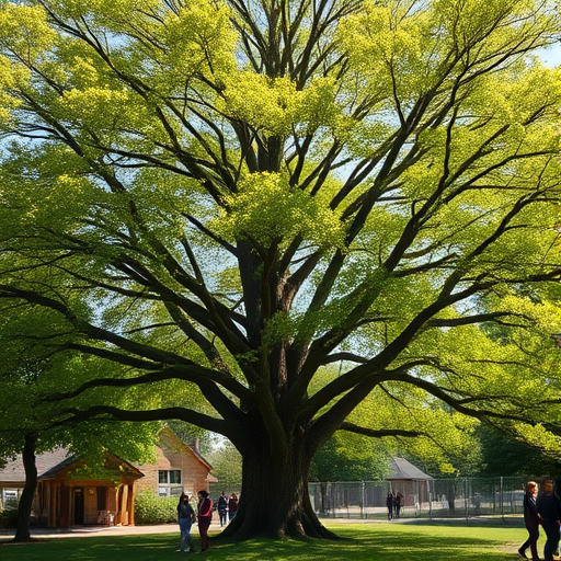 high-resolution image of a large, leafy tree in a natural setting, shot with a DSLR camera at f/8 aperture, ISO 200, 50mm lens, with a shallow depth of field to enhance focus on the tree, bright daylight setting, capturing vibrant colors and details