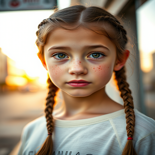 Create a portrait of a young girl with braided hair and freckles, staring directly at the camera, in an urban street setting during golden hour, using a Canon EOS R5 with a 85mm f/1.2 lens, aperture set to f/1.2, ISO 100, shutter speed 1/200 sec, with natural light for a soft, dreamy effect.