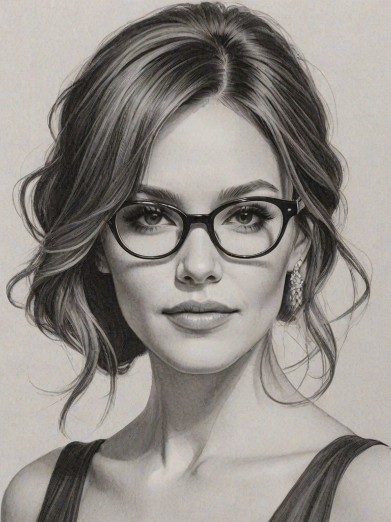 Splendid Katherine McPhee, pencil sketch, portrait of Graceful woman 1966s in glasses, hair style beatnik, outline, clear lines, fine lines, 8k