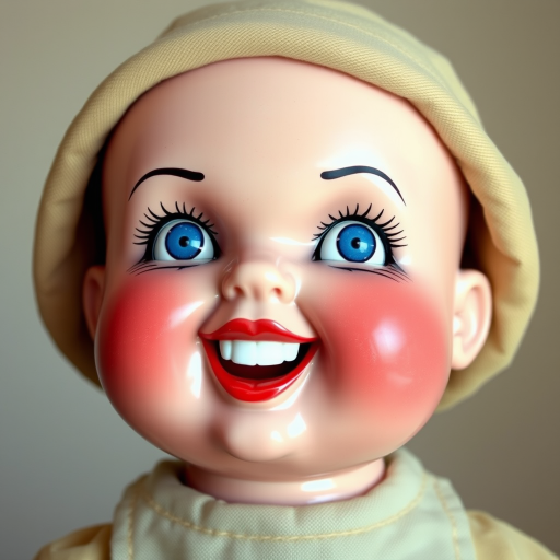 Generate a hyper-realistic image of a vintage doll with rosy cheeks, dimples, and a wide grin with red lips. The doll has bright blue, glossy eyes looking to the side, wearing a beige fabric hat. The face is shiny plastic, contrasting with the matte fabric of the clothing. The background is plain and neutral, emphasizing the doll’s unsettling expression.