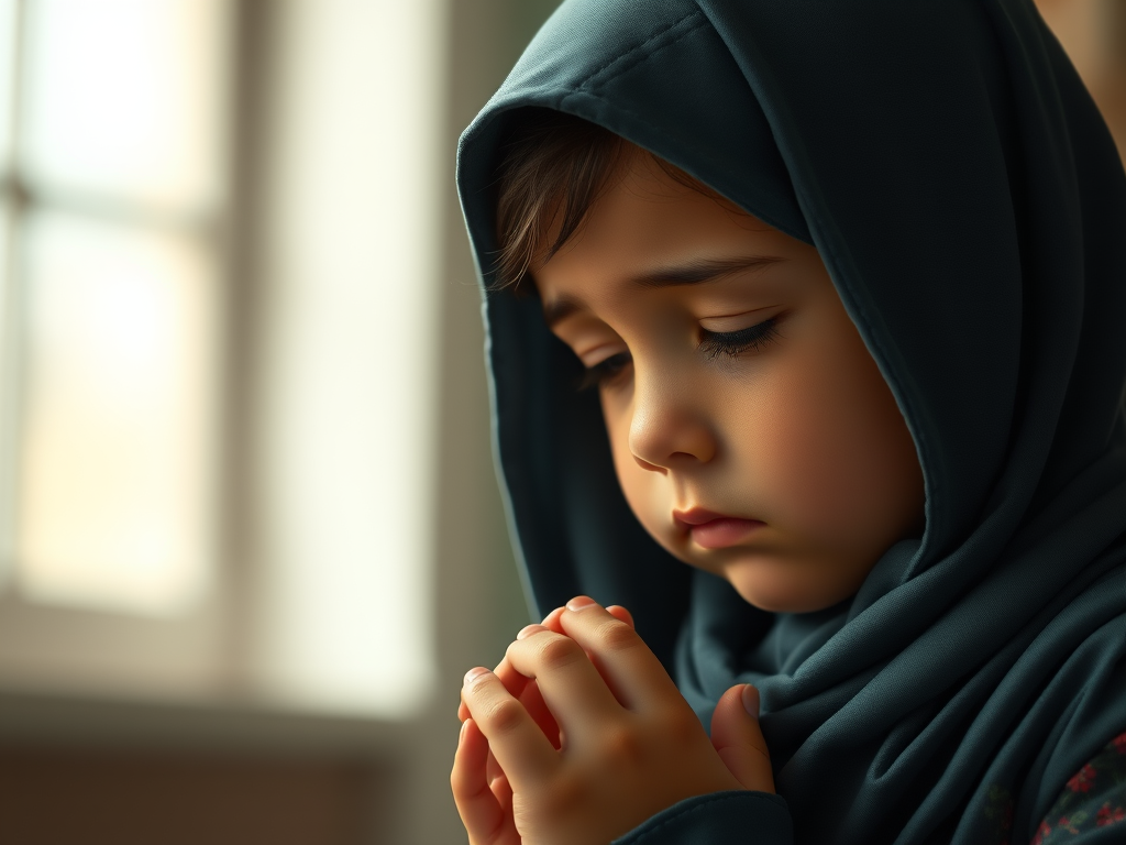 Create a digital illustration of a young girl in a headscarf with a sad expression, hands clasped in prayer, using a Canon EOS R5 camera with a 50mm f/1.2 lens, natural light, and a shallow depth of field to enhance the emotional quality of the image.