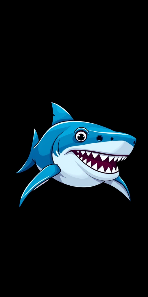 Create a high-resolution vector image of a stylized blue sea creature resembling a shark with exaggerated features, using a DSLR camera, 50mm lens, f/8 aperture, and ISO 100, capturing it from a slight low angle for dramatic effect and ensuring a clean black background to enhance contrast.