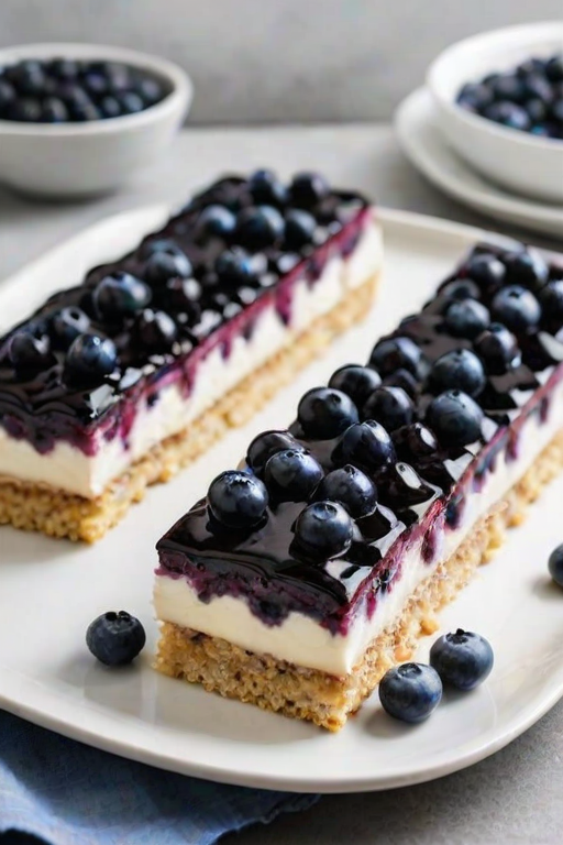 Create a layered dessert featuring alternating sections of creamy filling and blueberry compote, topped with fresh blueberries. The dessert should have a rectangular shape and be presented on a simple white plate against a light background.