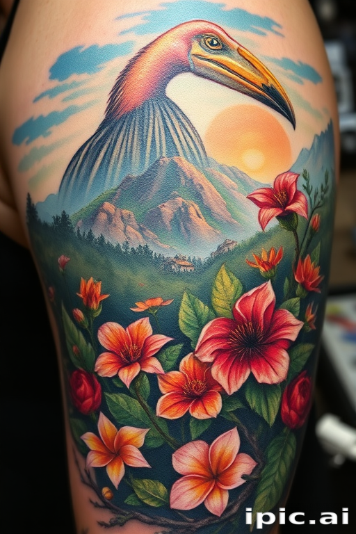 Realism color tattoo titled "Nature's Canvas" showcasing a hyper-realistic landscape scene with vibrant flora and fauna, utilizing advanced color theory and shading techniques for lifelike depth