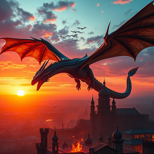 Create a dynamic fantasy scene of a majestic dragon soaring above a burning city at sunset, captured with a Canon EOS R5 using a 24-70mm f/2.8 lens, at ISO 200, aperture f/5.6, and a shutter speed of 1/250 sec, emphasizing high contrast colors and ethereal lighting to enhance dramatic effect.
