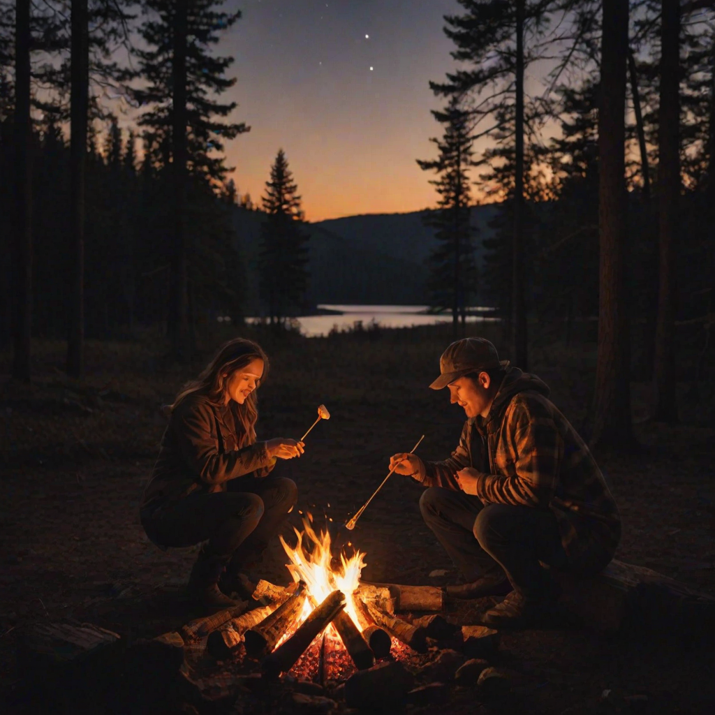 Warmly lit image of a couple roasting marshmallows over a campfire, soft glow from the flames casting warm shadows on their faces, distant trees silhouetted against the night sky, and the smell of woodsmoke and toasted sugar in the air.