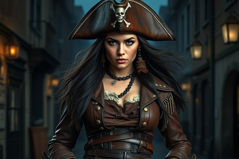 Create a portrait of a fierce female pirate. She wears a leather tricorn hat adorned with a skull and crossbones emblem, and her long, dark hair flows around her face. Her outfit consists of a richly detailed leather jacket, a corset, and multiple layers of belts and accessories, giving her a formidable and stylish appearance. She stands confidently in a dimly lit, historic port town, with a backdrop of weathered buildings and cobblestone streets, capturing the adventurous spirit of a pirate.