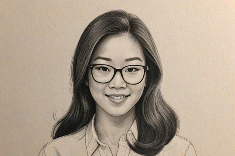 Stunning Michelle Kwan, pencil sketch, portrait of Radiant woman 1960s in glasses, hair style beatnik, outline, clear lines, fine lines, 8k