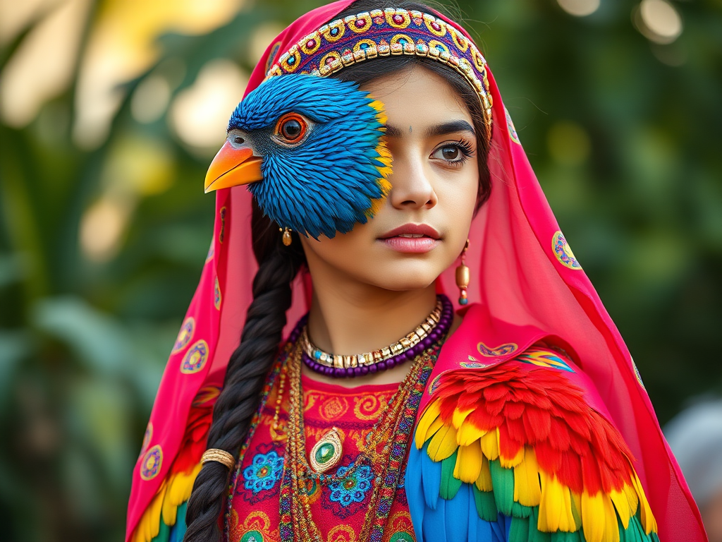 A beautiful Middle Eastern girl, wearing colorful bird clothing with vibrant colors