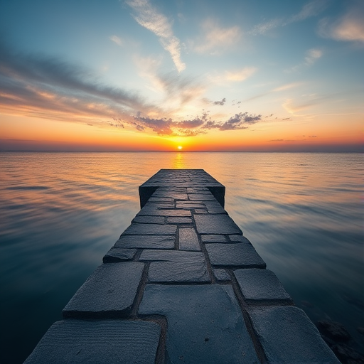 Regenerate the image of a stone jetty leading into a calm sea at sunrise, using a DSLR camera with a 25mm lens, aperture set to f/11 for deep focus, shutter speed of 2 seconds for a smooth water effect, ISO 100 for minimal noise, and a wide-angle view to capture the expanse of the sky and ocean.