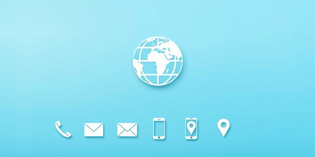 Create a high-resolution vector graphic of a globe icon centered on a smooth gradient blue background with minimalist communication symbols such as a phone, email, chat, smartphone, and location pin arranged horizontally at the bottom; camera settings: ISO 100, f/8, shutter speed 1/200 sec; camera view: flat lay; camera style: minimalist; camera type: digital.