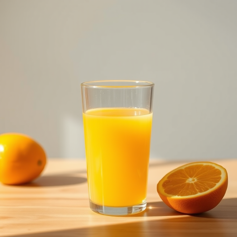 Create a realistic image of a clear glass filled with orange juice, using a 50mm lens at f/2.8, with a shallow depth of field, shot in natural light with a minimalist background.