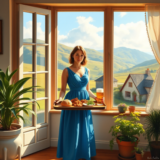 In "A Glass of Beer on the Highland," a serene scene is depicted in a sunlit room where a woman in a vibrant blue dress stands by a large window. She holds a tray with a hearty meal and a frothy glass of beer, embodying a moment of relaxation. Outside, the breathtaking highland landscape features rolling green hills and a charming traditional house, all bathed in warm afternoon light. The interior is adorned with potted plants, creating a harmonious blend of comfort and nature. The painting beautifully captures the tranquility and joy found in simple pleasures amidst stunning scenery