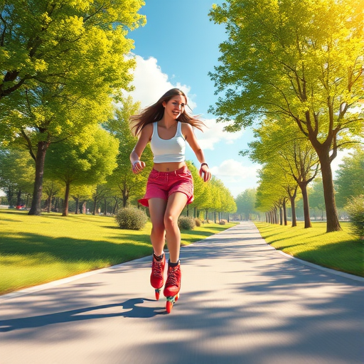 Create a vibrant and dynamic animated scene of a young woman rollerblading joyfully on a winding path in a sunny park, with lush green trees and a beautiful sky in the background, using a digital art style, high resolution 4K, shot from a low angle perspective to emphasize motion, with bright colors and sharp details.