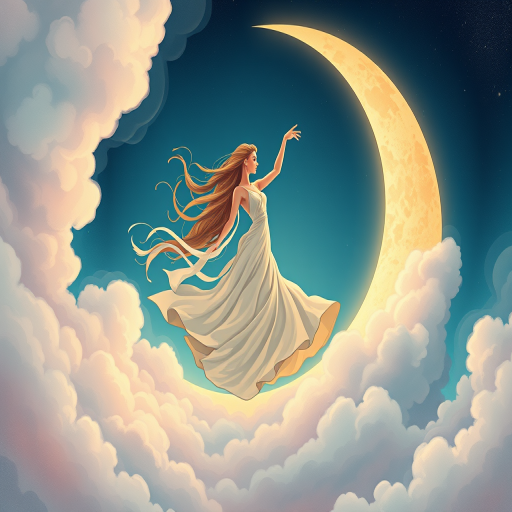 A dreamy illustration of a graceful woman dancing within a large crescent moon surrounded by swirling clouds, soft pastel colors blending with deep blues, intricate details in her flowing hair and dress, captured with a Canon EOS R5, 50mm lens, f/1.8, ISO 100, natural light, high dynamic range for vibrant colors and sharp details.