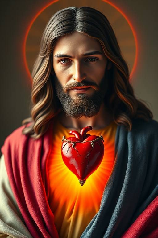 Create an image of a stylized depiction of Jesus Christ with a sacred heart, vibrant colors, soft focus, shot with a Canon EOS R5, 50mm lens, f/1.8 aperture, ISO 100, natural lighting, front view, emphasizing textures and warmth.