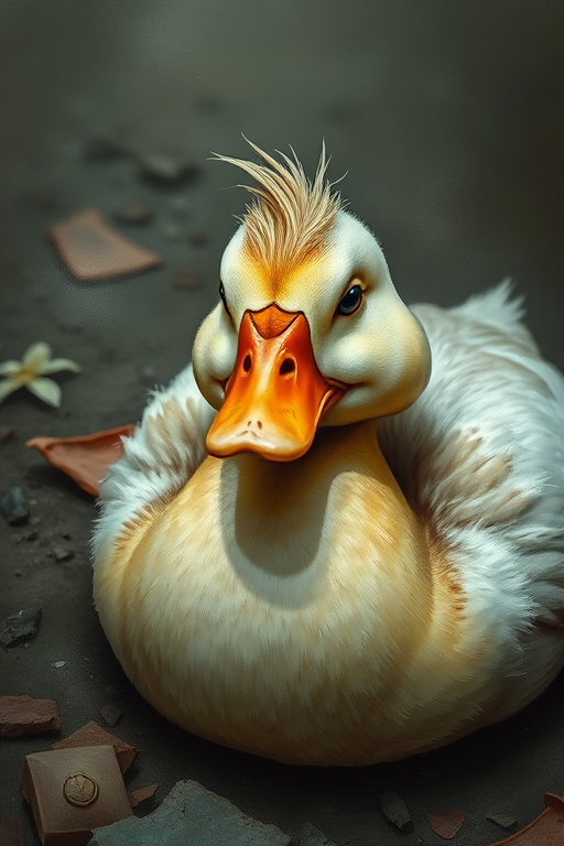 Stunning image of a cute adorable tired looking wacky duck laying flat on the ground, no emotions, moody, grainy, noisy, concept art, by Alberto Seveso, Cyril Rolando, Dan Mumford, Meaningful Visual Art, Detailed Painting, Digital Illustration,