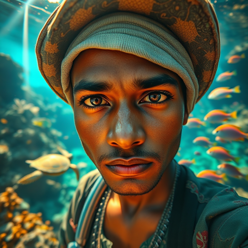 Realistic selfie image of a Sri Lankan, wearing a vintage outfit, detailed dreamy eyes, droopy hooded eyes, staring at the camera, taken underwater at coral reef with a sunbeam filtering through the water, vibrant, summer vacation, natural lighting, turtle and school of tropical fish with vibrant colors, rendered in the style of CryEngine, Pegi Nicol MacLeod, with realistic genre scenes, hauntingly beautiful narratives, ultra-realism, and Thomas Saliot's close-up technique, 8K resolution, crystal clear and sparkling water.
