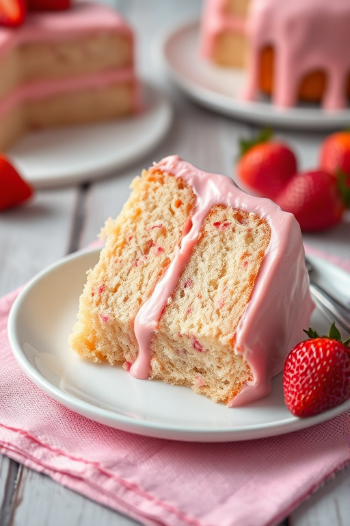 A close-up of a slice of pink frosted cake on a white plate with a fresh strawberry on the side, set on a textured pink napkin, with a blurred background showcasing more cake and strawberries. The cake has a smooth, shiny glaze and a fluffy interior, emphasizing its moist texture.