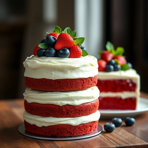 Create an image of two elegant red velvet cakes stacked with layers of cream cheese frosting and topped with fresh strawberries blueberries and green leaves on a wooden surface in a softly lit setting.