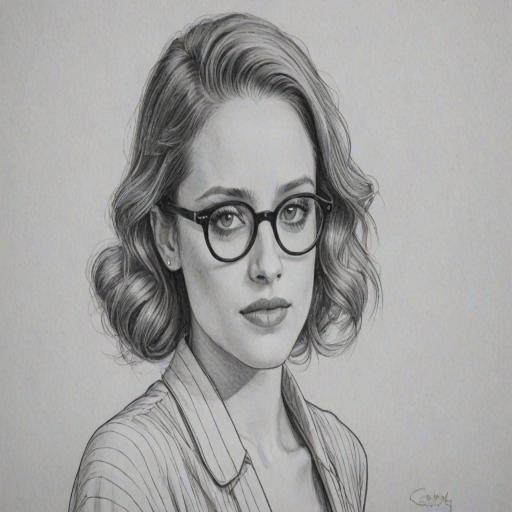 Graceful Carly Chaikin, pencil sketch, portrait of Elegant woman 1934s in glasses, hair style beatnik, outline, clear lines, fine lines, 8k