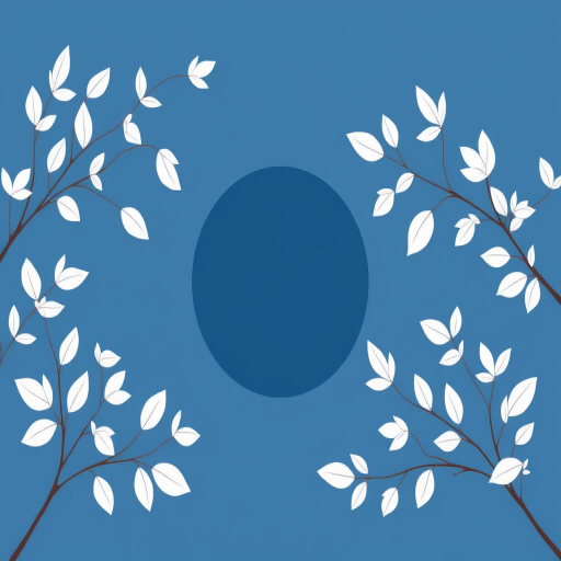 Create a minimalist illustration of white leaves and branches against a blue background, circular black form in the center, soft focus, using a DSLR camera with a 50mm lens, aperture f/2.8, ISO 100, and natural lighting to enhance clarity and detail.