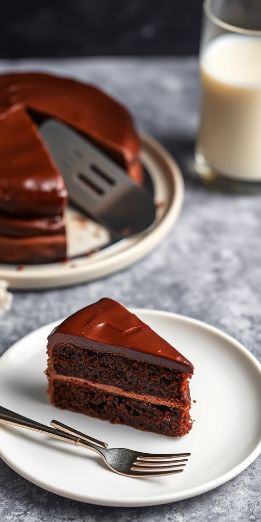 A slice of rich chocolate cake on a white plate with a fork beside it the cake has a glossy chocolate ganache and layers visible the background is a dark textured surface with a soft focus on a cake server and a glass of milk
