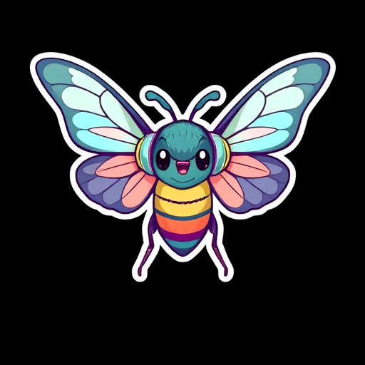 this image is sticker, Happy Colorful Moth wearing Headphones, kawaii, contour, vector, black background