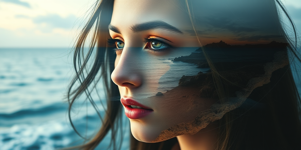 create Book cover, A surreal double exposure portrait that blends a woman's face with a beautiful seascape. The overall mood is dreamy and mystical, with rich colors and intricate details