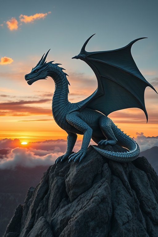 majestic silver dragon perched on a rocky mountain peak at sunset with clouds, highly detailed scales and glowing eyes, cinematic lighting, camera settings: f/8, ISO 100, 1/250s, camera view: wide-angle, camera style: hyper-realistic, camera type: digital DSLR