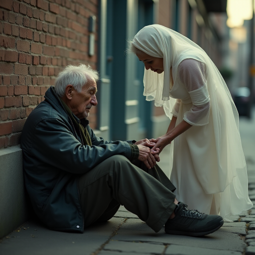 beautifully weathered old homeless veteran sitting on the ground slumping against the wall of a building with his eyes closed. there is an Ethereal, translucent figure of a beautiful elderly woman comforting him