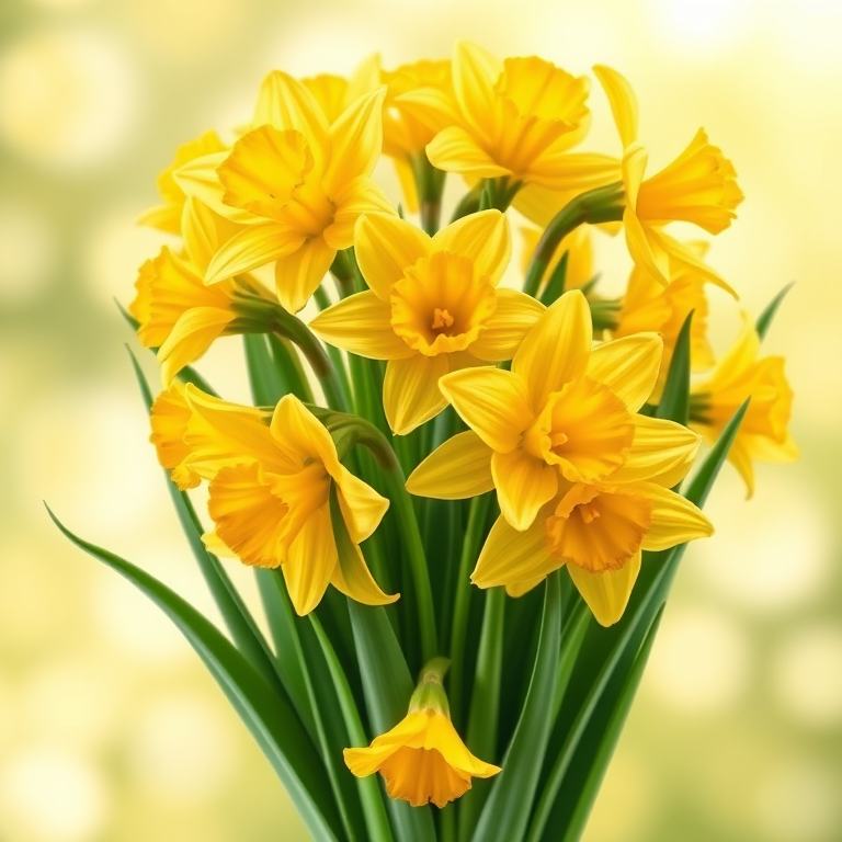 Create an illustration of a vibrant bouquet of yellow daffodils with green leaves in a soft-focus background, taken with a DSLR camera, aperture f/2.8, shutter speed 1/250, ISO 200, using a macro lens for enhanced detail and clarity.