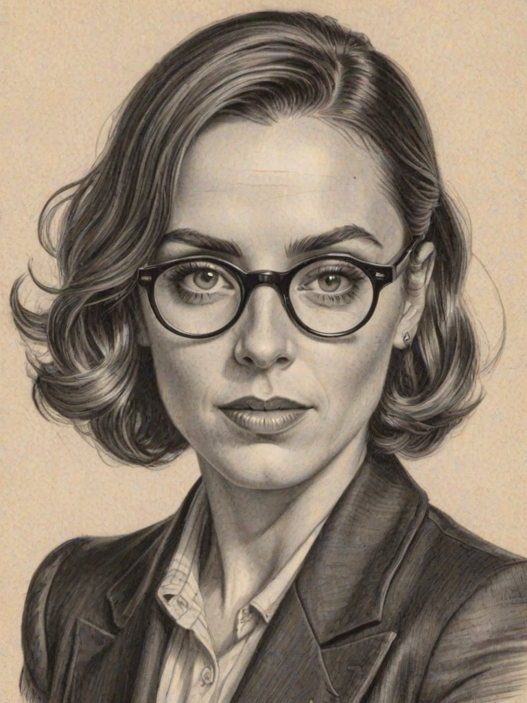 Bewitching Mel C, pencil sketch, portrait of Resplendent woman 1930s in glasses, hair style beatnik, outline, clear lines, fine lines, 8k