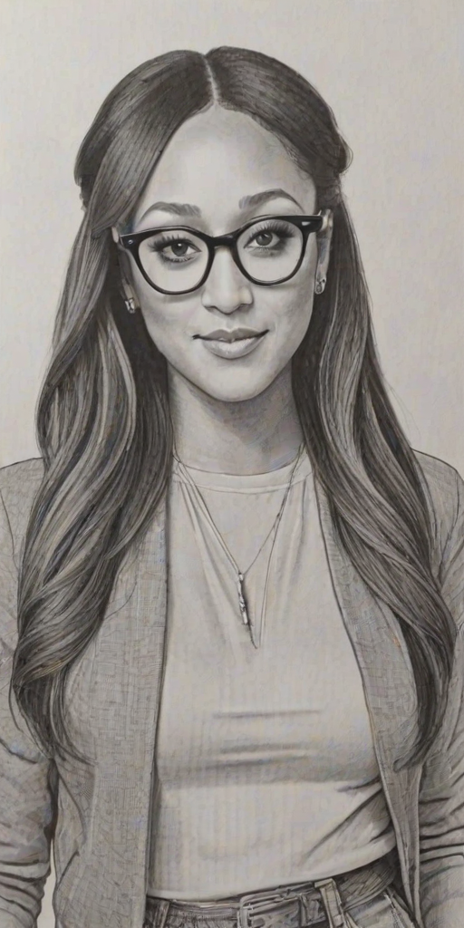Exquisite Tamera Mowry, pencil sketch, portrait of Splendid woman 1974s in glasses, hair style beatnik, outline, clear lines, fine lines, 8k