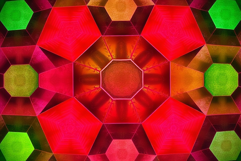 create a vibrant hexagonal pattern with rich reds, greens, and pinks, captured with a DSLR camera at ISO 100, f/8 aperture, 50mm lens, top-down view, high-resolution, soft natural lighting to enhance color depth