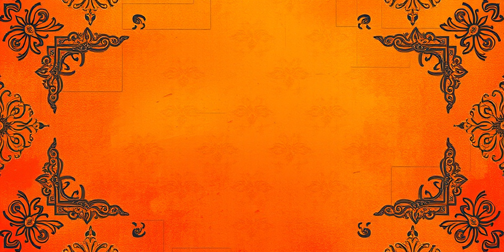 Create a richly textured background with a vibrant orange hue featuring intricate patterns and decorative frames in each corner, using a DSLR camera with a 50mm lens, aperture f/2.8, ISO 100, and a shallow depth of field for enhanced detail and clarity.
