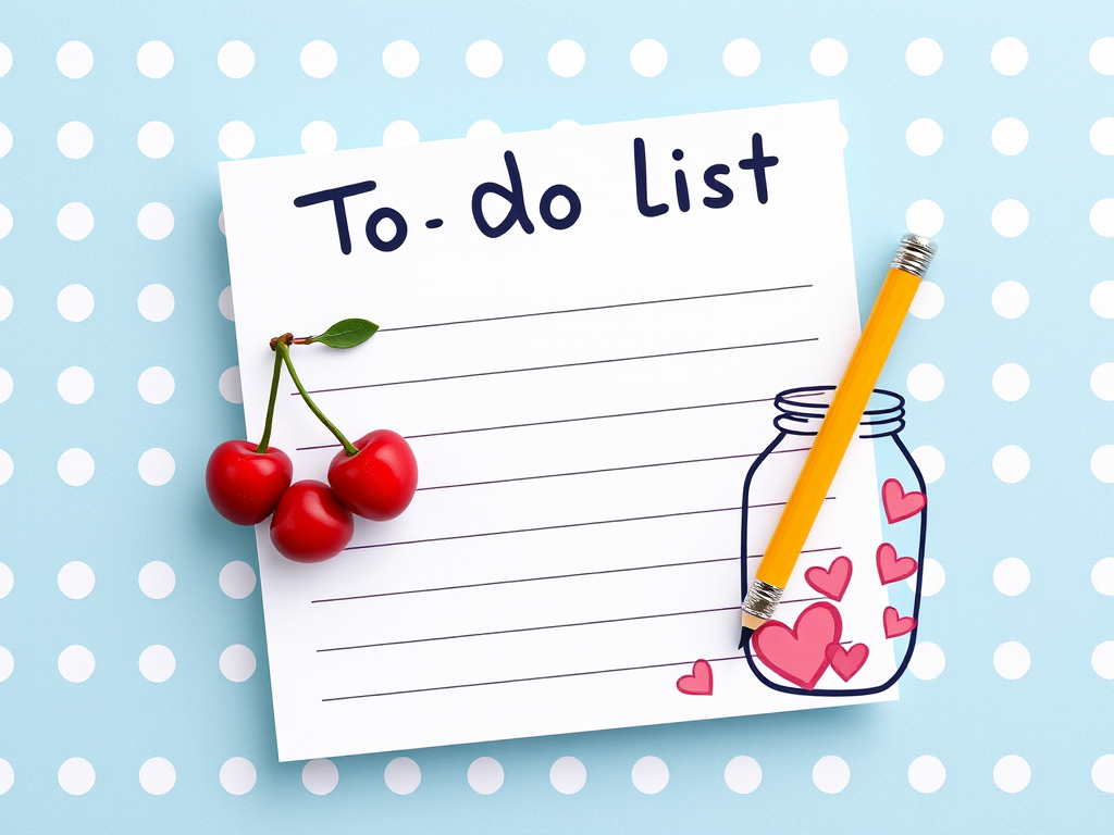 design a colorful to-do list notepad with a light blue polka dot background, illustrations of cherries, a pencil, and a jar with hearts, using a top-down view, DSLR camera, f/2.8 aperture, ISO 100, 50mm lens to ensure sharp details and vibrant colors.