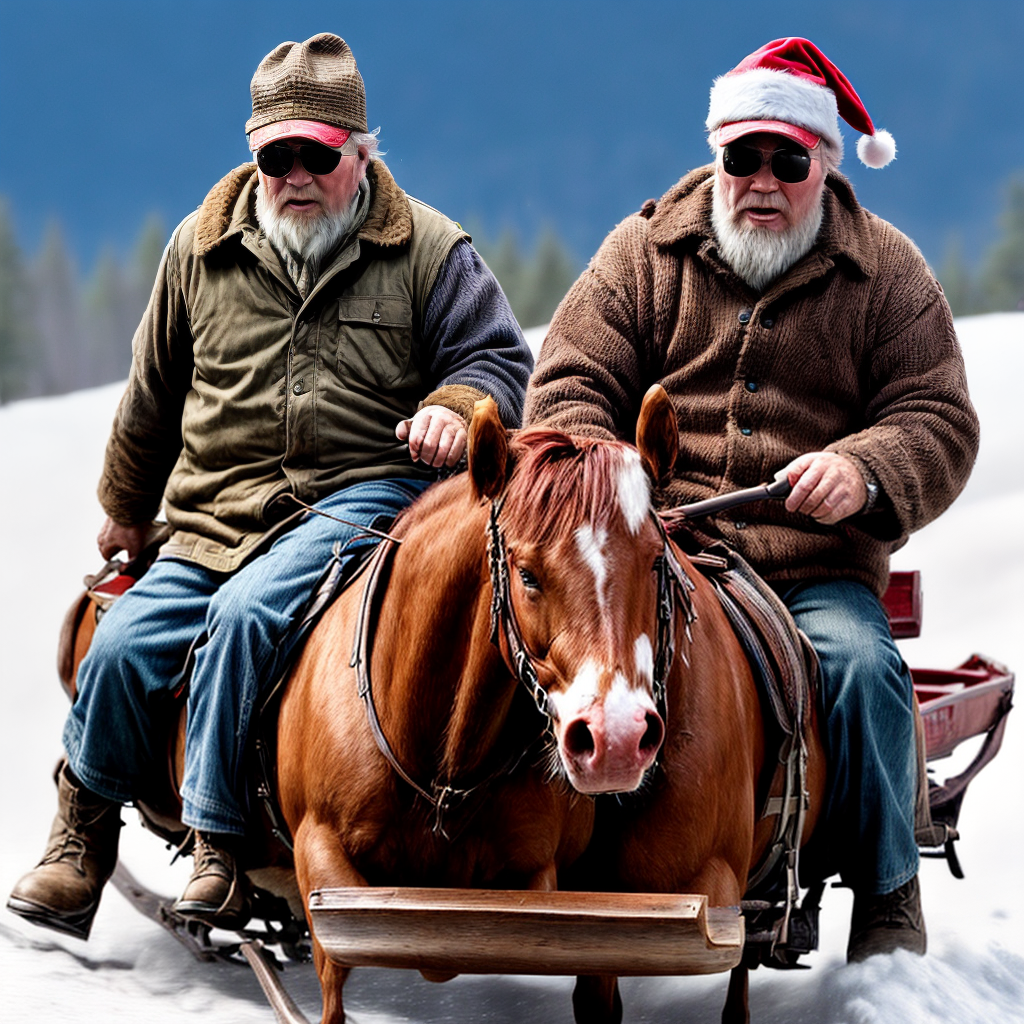 A mountain man from the movie deliverance with a Snat cap on in a sleigh with Ned Beatty saying ho ho ho