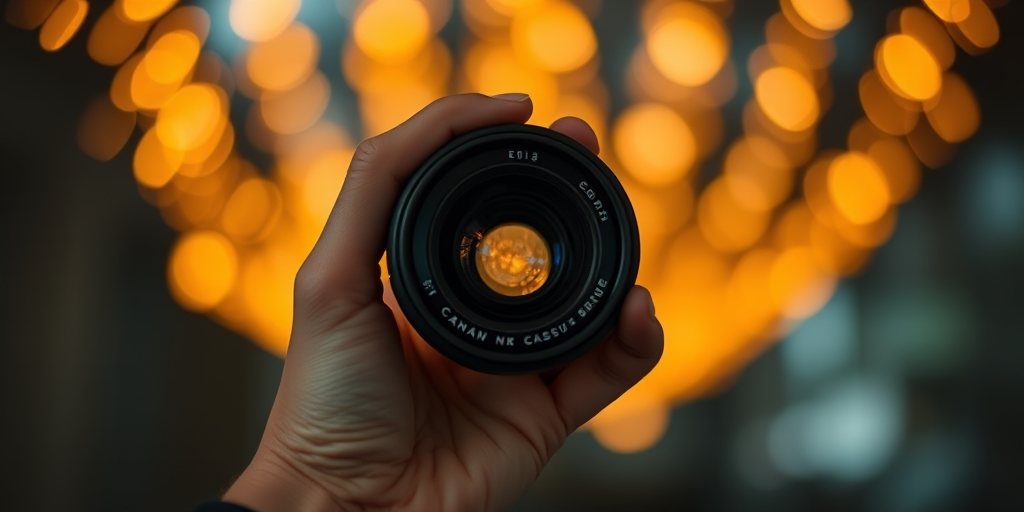 Create an artistic image of a camera lens held in a hand against a blurred bokeh background with golden lights, using a Canon EOS R5 camera, 50mm lens, aperture f/1.8, ISO 100, shutter speed 1/200s, captured from a low angle with a shallow depth of field.