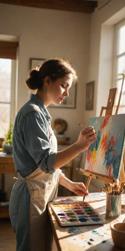 Warmly lit photo of an artist painting on a canvas in a sunlit studio, soft natural light illuminating the vibrant colors and brushes scattered across the table.
