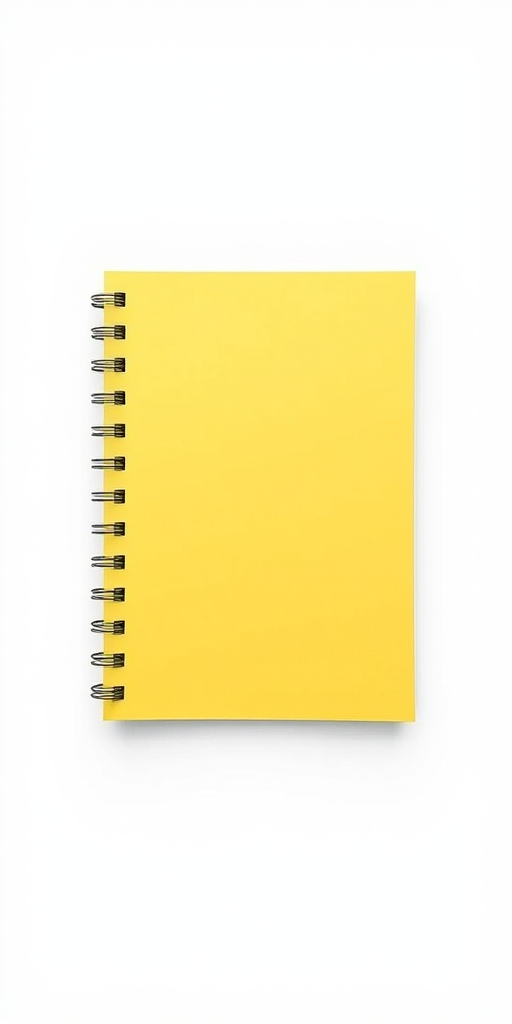 Generate a high-quality illustration of a spiral-bound notebook with a yellow cover, set against a minimalist white background, using a Canon EOS R5 camera with an aperture of f/2.8, 50mm lens, and a soft focus effect for a clean look.