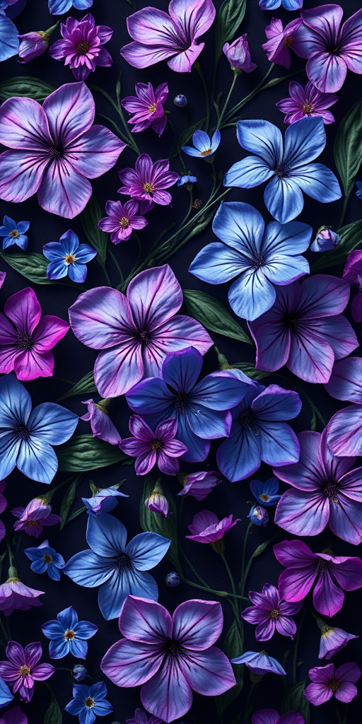 Generate a high-resolution floral pattern featuring purple and blue flowers on a dark background, using a DSLR camera with a 50mm lens, aperture f/2.8, ISO 100, focus on intricate details and sharpness from a top-down perspective.