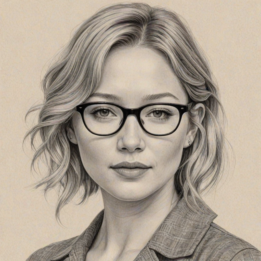 Lovely Haley Bennett, pencil sketch, portrait of Magnificent woman 1968s in glasses, hair style beatnik, outline, clear lines, fine lines, 8k