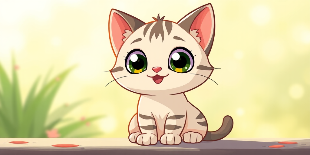 Create a high-resolution illustration of a cute cartoon cat with large eyes, sitting with a happy expression, using a DSLR camera with a 50mm lens, aperture set to f/4 for a soft background, in natural lighting with a shallow depth of field.
