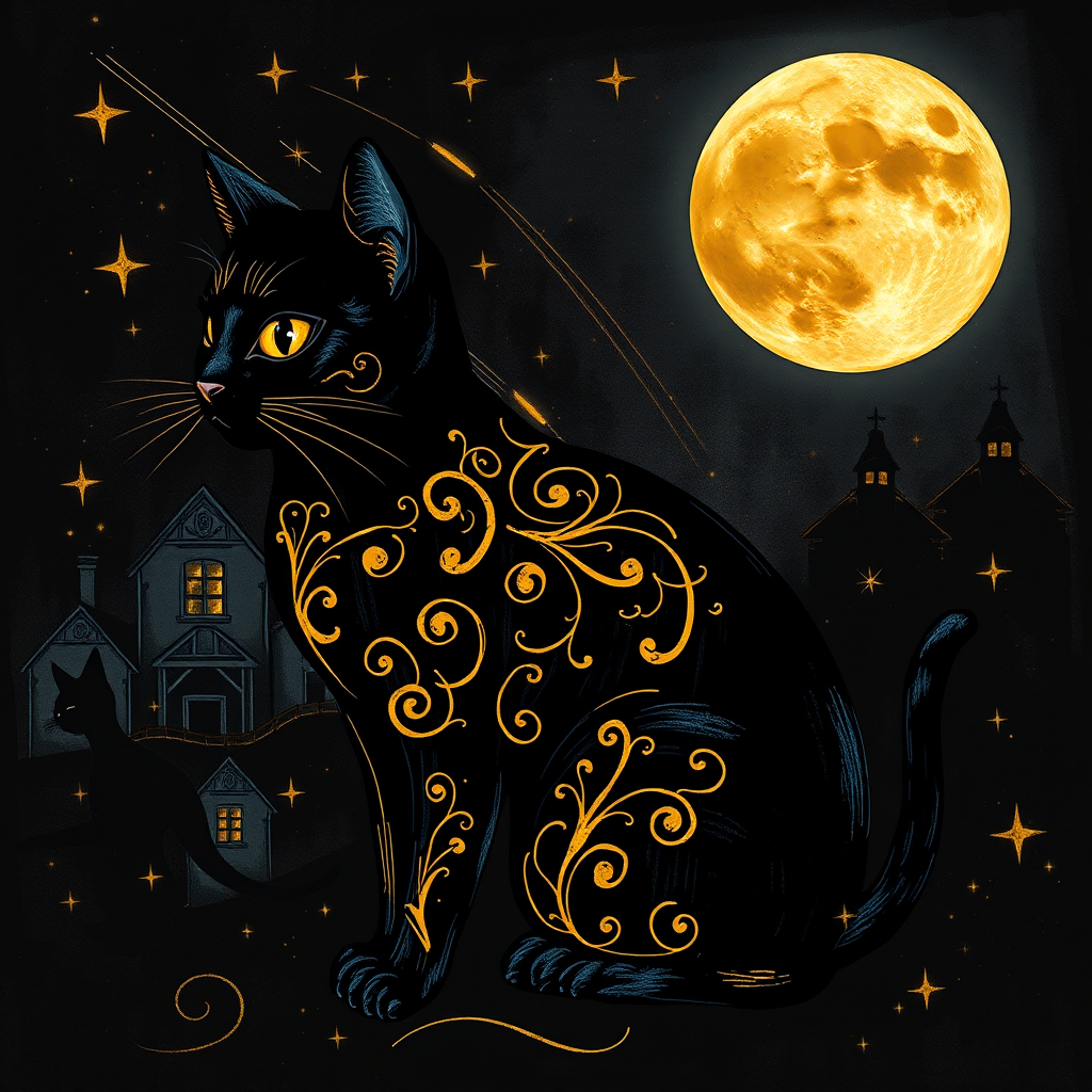 a stylized black cat with iridescent golden arabesques all over its body, on a grungy smoky black background with matching celestial designs, a full moon with silhouettes of lit houses, bright shooting stars, dazzling, magical BG, reminiscent of Christmas wonderland