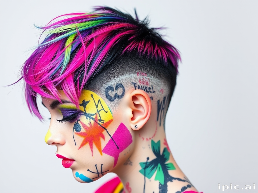 Edgy graffiti-inspired pixie cut featuring a kaleidoscope of neon hues in abstract patterns, with shaved sides for added drama