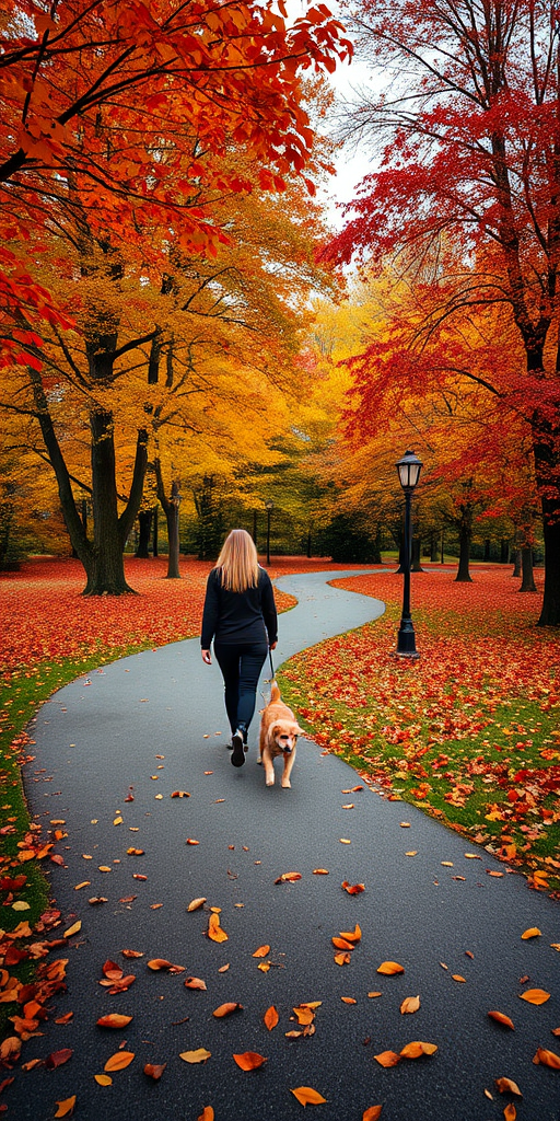 Vibrant autumn park, with leaves in shades of red, orange, and yellow scattered on the ground, a woman walks her dog along a winding path, the leash held loosely in her hand.