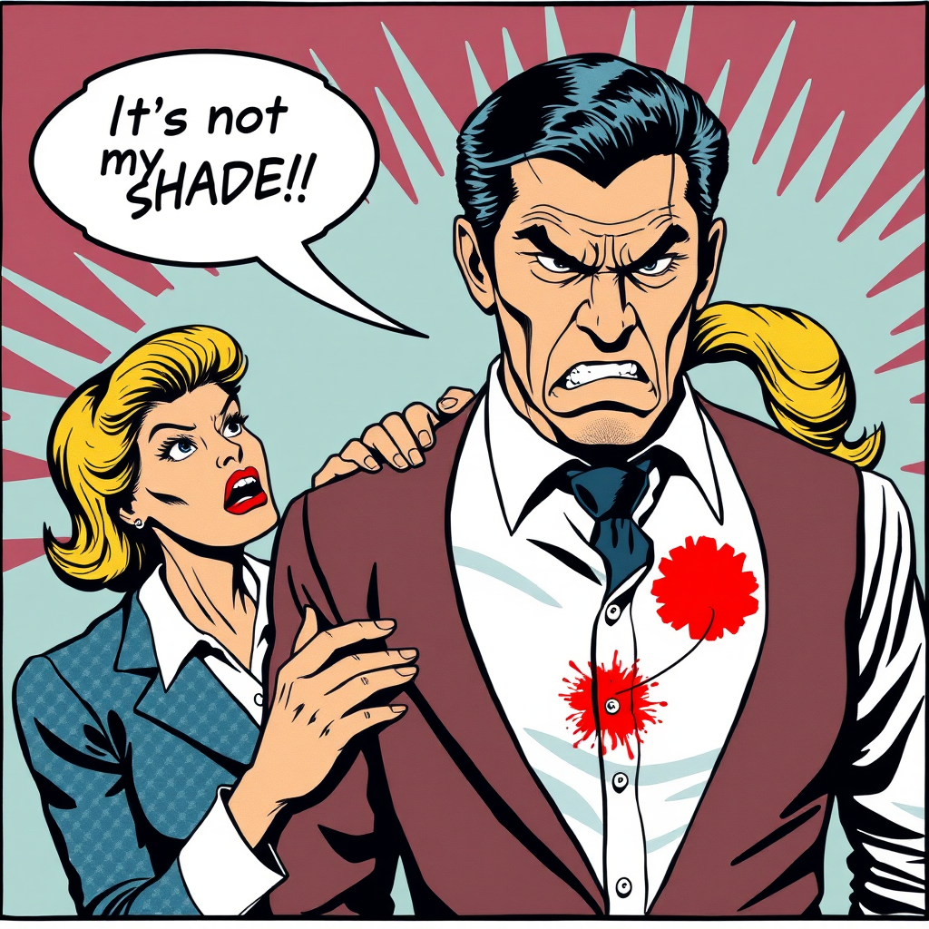 A pop art piece of a very angry wife discovering a lipstick stain on a man's dress shirt. Make the print on his collar. Put a word balloon above the wife's head that says 'It's not my SHADE Bob!!!'